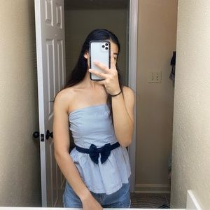 Blue and white striped strapless top